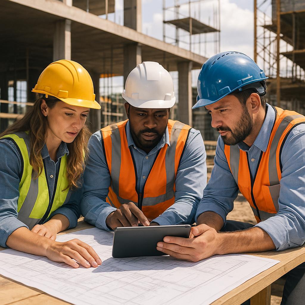 Construction team reviewing project documentation